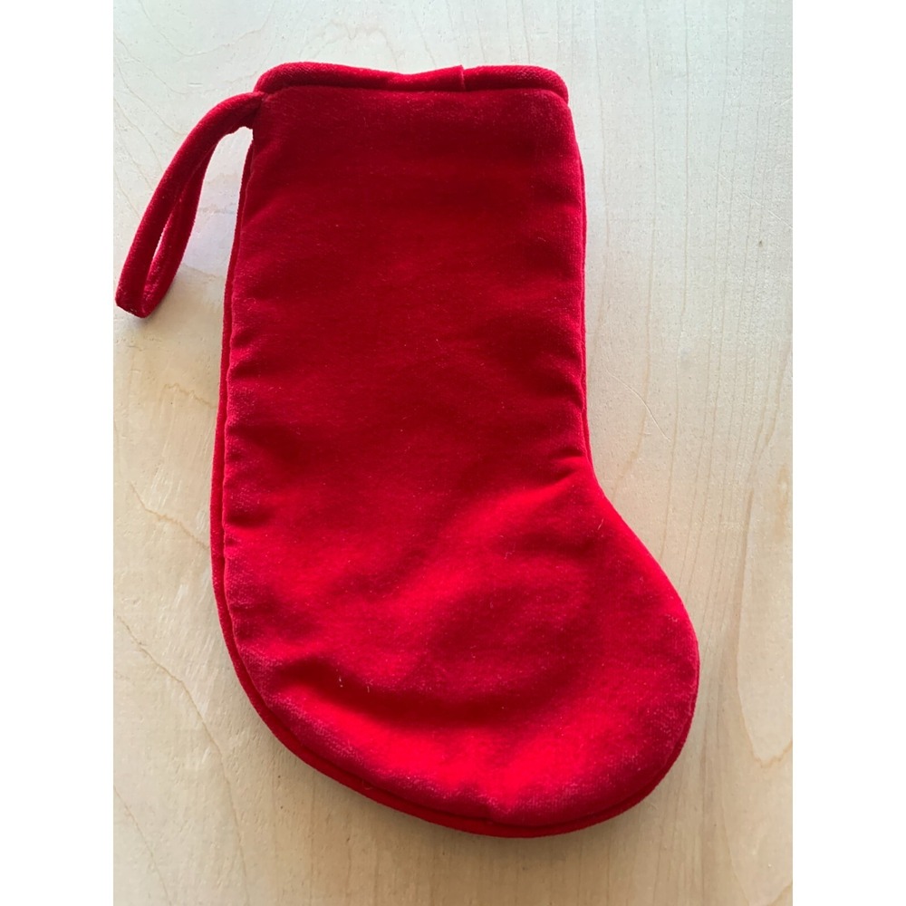 Needlepoint Christmas Stocking Santa Yellow Poodle Dog Mini 8" Long Red Velvet - Picture 2 of 3